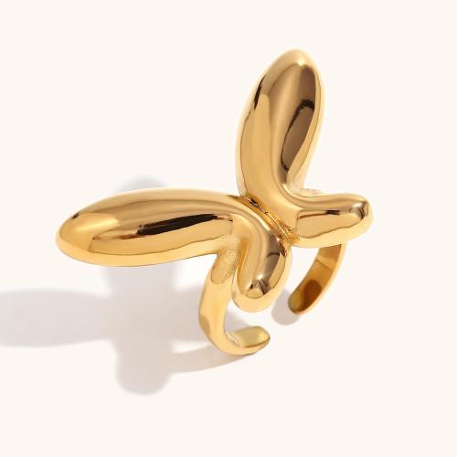 Anel de dedo de aço inoxidável, Aço inoxidável 316L, Borboleta, 18K banhado a ouro, joias de moda & para mulher, dourado, vendido por PC