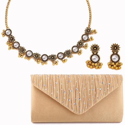 Tibetan Style Jewelry Sets, earring & necklace, with Cloth, gold color plated, three pieces & for woman & with rhinestone, more colors for choice, nickel, lead & cadmium free, Sold By Set