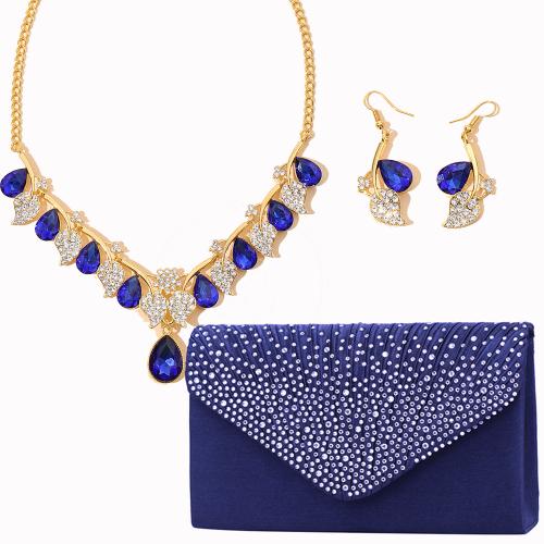 Tibetan Style Jewelry Sets, earring & necklace, with Cloth, gold color plated, 3 pieces & for woman & with rhinestone, more colors for choice, nickel, lead & cadmium free, Sold By Set