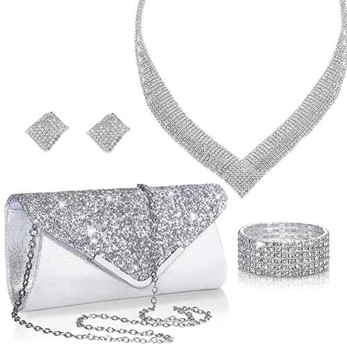 Zinc Alloy Jewelry Sets bangle & earring & necklace with Cloth silver color plated 4 pieces & for woman & with rhinestone nickel lead & cadmium free Sold By Set