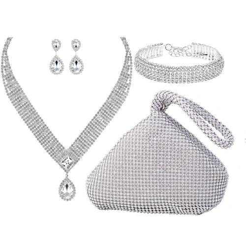 Conjuntos de joyería de aleación de zinc, pulsera & pendiente & collar, con paño, chapado en color de plata, 4 piezas & para mujer & con diamantes de imitación, libre de níquel, plomo & cadmio, Vendido por Set