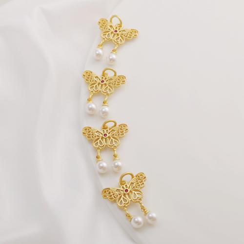 Zinc Alloy Animal Pendants with Shell Pearl Butterfly gold color plated DIY white nickel lead & cadmium free Sold By PC