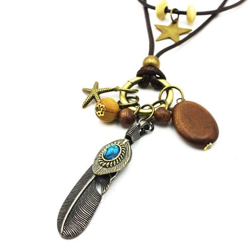 Zinc Alloy Jewelry Necklace with leather cord & Gemstone plated vintage & Unisex black Length 80 cm Sold By PC