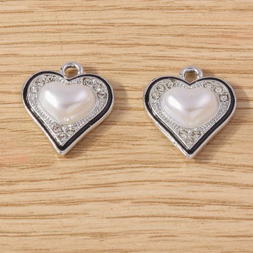 Zinc Alloy Heart Pendants with Plastic Pearl plated DIY & micro pave cubic zirconia silver color Sold By Bag