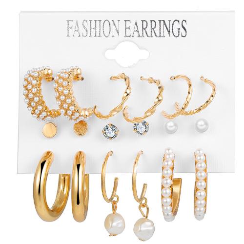 Tibetan Style Earring Set, with Plastic Pearl, gold color plated, fashion jewelry & for woman & with rhinestone, Sold By Set