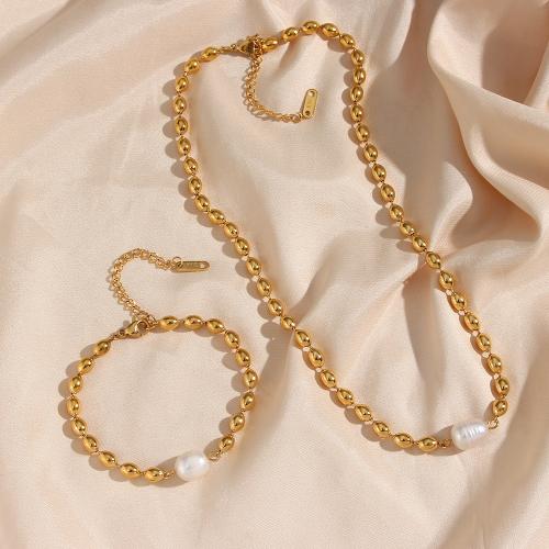 Komplety biżuteria ze stali nierdzewnej, Stal nierdzewna 304, ze Perła plastikowa, biżuteria moda & dla kobiety, złoty, długość około 39 cm, około 16 cm, sprzedane przez PC