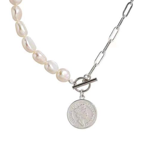 Zinklegierung Schmuck Halskette, mit Kunststoff Perlen, silberfarben plattiert, Modeschmuck & für Frau, weiß, frei von Nickel, Blei & Kadmium, Länge:ca. 45 cm, verkauft von PC
