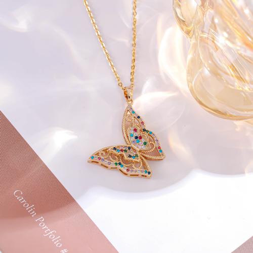 Titanium Steel Necklace Butterfly gold color plated micro pave cubic zirconia & for woman multi-colored Length 45  Sold By Pair