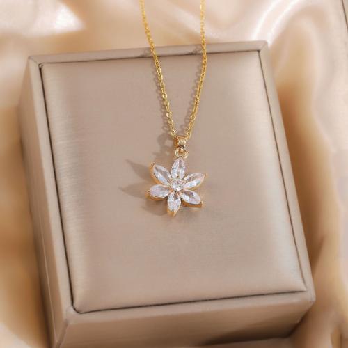 Titanium Steel Necklace, Flower, gold color plated, micro pave cubic zirconia & for woman, Length:45 cm, Sold By PC