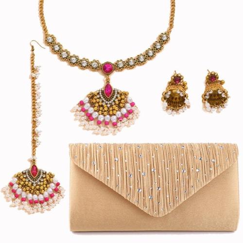Tibetan Style Jewelry Sets, Stud Earring & earring & necklace, with Cloth & Plastic Pearl, gold color plated, 4 pieces & for woman & with rhinestone, more colors for choice, nickel, lead & cadmium free, Sold By Set