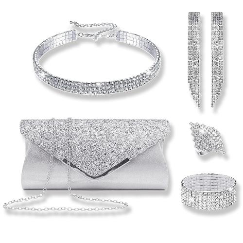 Zinc Alloy Jewelry Sets finger ring & bracelet & earring & necklace with Cloth silver color plated 5 pieces & for woman & with rhinestone nickel lead & cadmium free Sold By Set