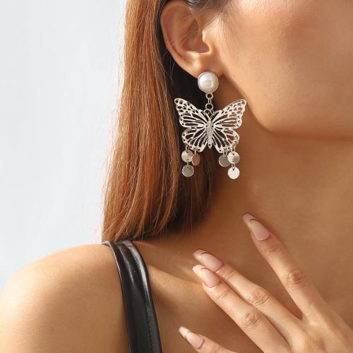 Iron Earring, with Plastic Pearl & Tibetan Style, Butterfly, fashion jewelry, more colors for choice, 70mm, Sold By Pair