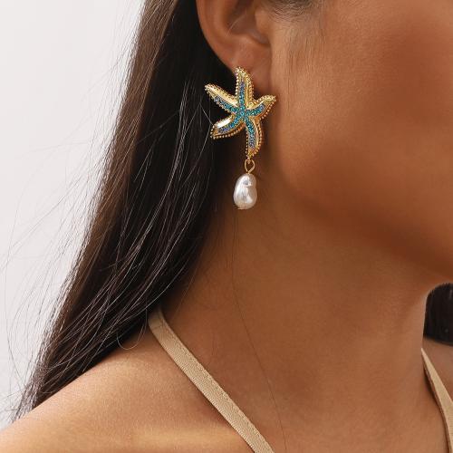 Zinklegierung Ohrringe, mit Kunststoff Perlen, Seestern, plattiert, Modeschmuck & mit Strass, keine, frei von Nickel, Blei & Kadmium, 32x60mm, verkauft von Paar