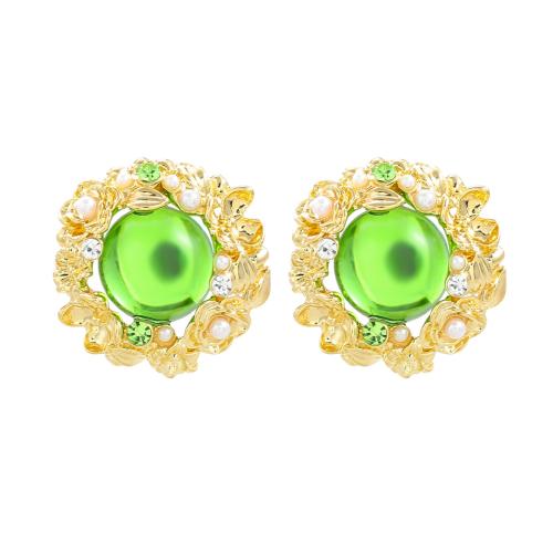 Zinc Alloy Stud Earring with acrylic rhinestone & Resin & Plastic Pearl Flower fashion jewelry & for woman green Sold By Pair