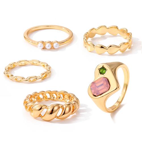 Cink Alloy Ring Set, Cink ötvözet, -val Műanyag Pearl, 5 darab & a nő & strasszos, arany, Által értékesített PC