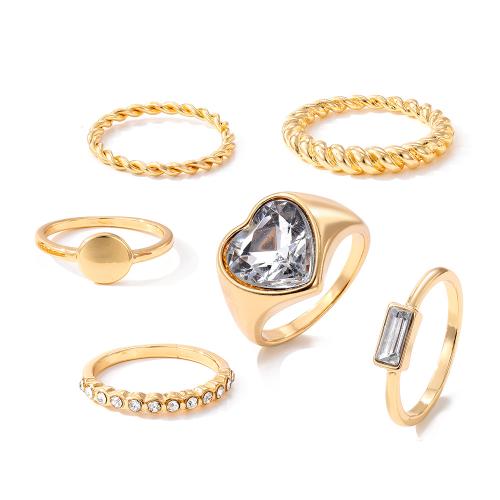 Juego de anillos de aleación de zinc, 6 piezas & para mujer & con diamantes de imitación, dorado, Vendido por Set