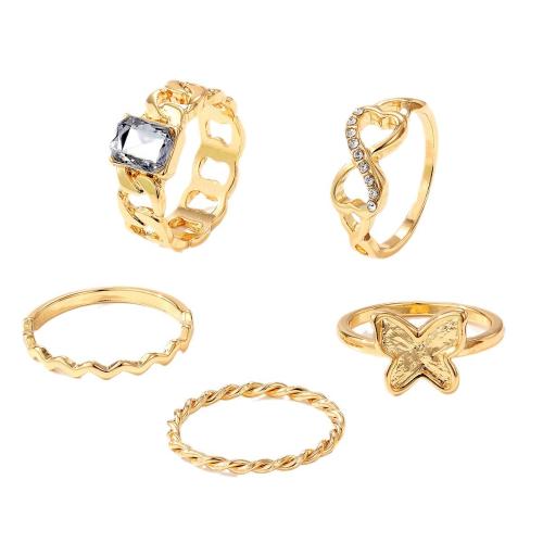 Juego de anillos de aleación de zinc, 5 piezas & para mujer & con diamantes de imitación, dorado, Vendido por Set