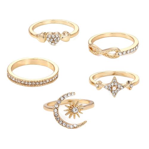 Juego de anillos de aleación de zinc, 5 piezas & para mujer & con diamantes de imitación, dorado, Vendido por Set