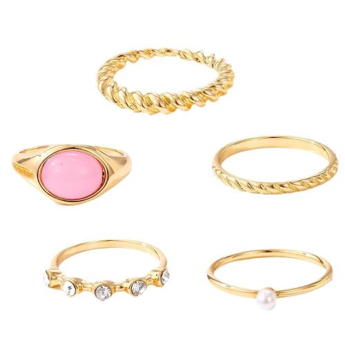 Cink Alloy Ring Set, Cink ötvözet, -val Gyanta & Műanyag Pearl, 5 darab & a nő & strasszos, aranysárga, Által értékesített Set
