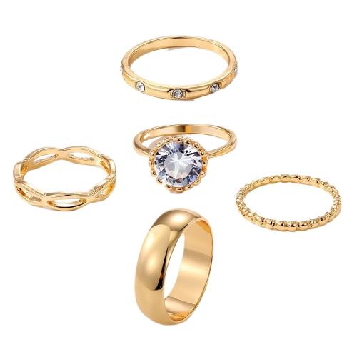 Cink Alloy Ring Set, Cink ötvözet, galvanizált, 5 darab & divat ékszerek & a nő & strasszos, aranysárga, Által értékesített Set