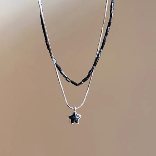 Titanstahl Halskette, mit Kristall, mit Verlängerungskettchen von 6cm, handgemacht, Doppelschicht & Modeschmuck & für Frau, schwarz, Länge:ca. 40 cm, ca. 45 cm, verkauft von PC