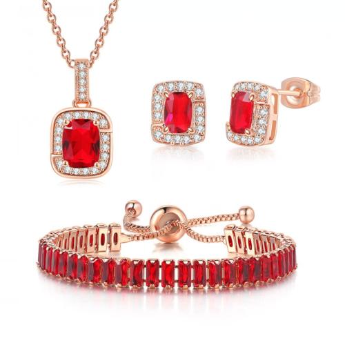 Cubic Zirconia Micro Pave Brass Jewelry Sets, Stud Earring & bracelet & necklace, with 5,11.4cm extender chain, plated, three pieces & fashion jewelry & micro pave cubic zirconia & for woman, more colors for choice, nickel, lead & cadmium free, Length:Approx 40 cm, Approx 13.4 cm, Sold By Set