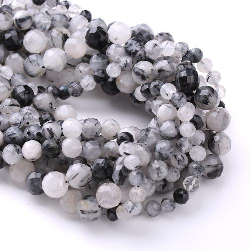 Prirodni kvarc nakit Beads, Crni Rutilirani kvarc, Krug, modni nakit & možete DIY & različite veličine za izbor & faceted, miješana boja, Prodano Per Približno 38 cm Strand