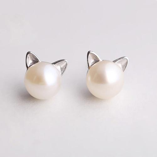 925 Sterling Silver Stud Earrings, with Freshwater Pearl, Cat, fashion jewelry & for woman, nickel, lead & cadmium free, 7x7mm, Sold By Pair