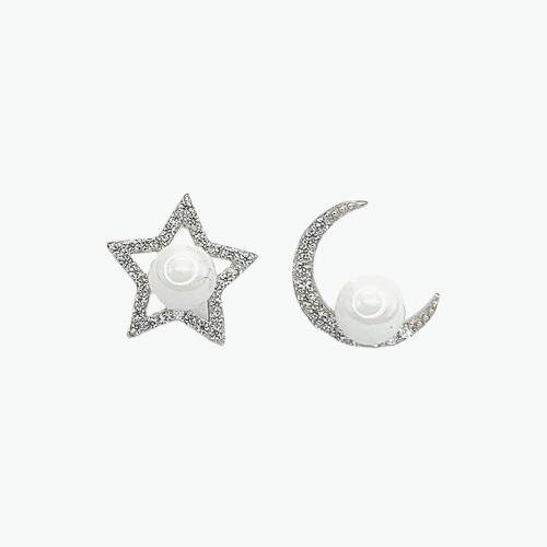 Cubic Zirconia Micro Pave Sterling Silver Earring, 925 Sterling Silver, with Shell Pearl, Moon and Star, fashion jewelry & different styles for choice & micro pave cubic zirconia & for woman, nickel, lead & cadmium free, Sold By Pair