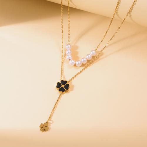 Stainless Steel Jewelry Necklace, 304 Stainless Steel, with Plastic Pearl, with 6cm extender chain, Four Leaf Clover, Double Layer & fashion jewelry & for woman, golden, Length:Approx 40 cm, Sold By PC