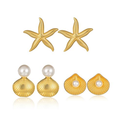 Stainless Steel Stud Earrings, 304 Stainless Steel, with Plastic Pearl, fashion jewelry & different styles for choice & for woman, golden, Sold By Pair