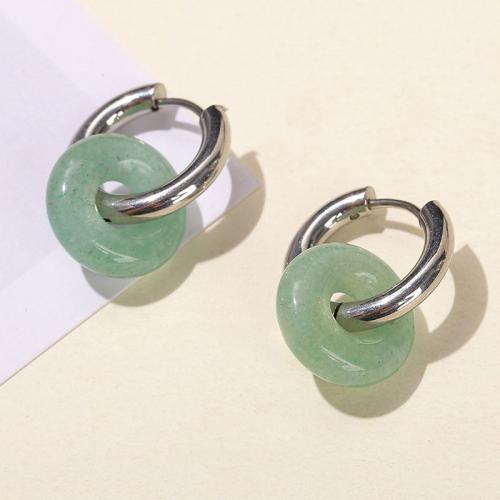 Titanium Steel  Earring with Natural Stone Round silver color plated & for woman nickel lead & cadmium free Sold By Pair