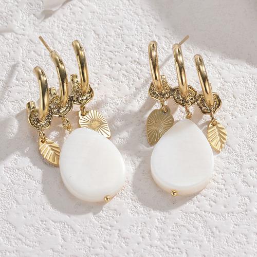 Stainless Steel Drop Earring 304 Stainless Steel with White Shell Teardrop gold color plated for woman white nickel lead & cadmium free Sold By Pair