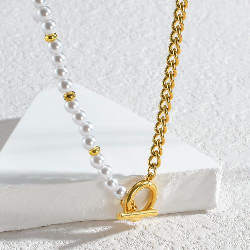 Collier de bijoux en acier inoxydable, Acier inoxydable 304, avec perle de plastique, Placage de couleur d'or, pour femme, blanc, Longueur:44 cm, Vendu par PC