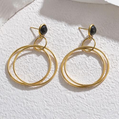 Titanium Steel  Earring with Resin Round gold color plated for woman black nickel lead & cadmium free Sold By Pair