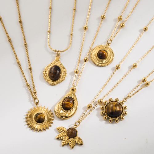 Κοσμήματα από ανοξείδωτο χάλυβα κολιέ, 304 από ανοξείδωτο χάλυβα, με Μάτι της Τίγρης, επιχρυσωμένο, κοσμήματα μόδας & διαφορετικά σχέδια για την επιλογή, χρυσαφένιος, Sold Με PC