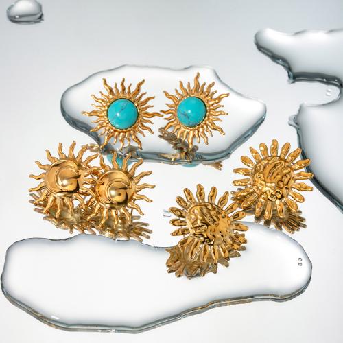 Nerezová ocel náušnice, 304 Stainless Steel, s Syntetický Turquoise, Slunce, módní šperky & různé designy pro výběr, zlatý, Prodáno By Pair