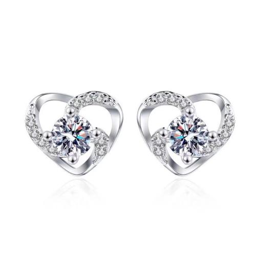 Cubic Zirconia Micro Pave Sterling Silver Earring, 925 Sterling Silver, Heart, micro pave cubic zirconia & for woman, platinum color, 11x9.50mm, Sold By Pair