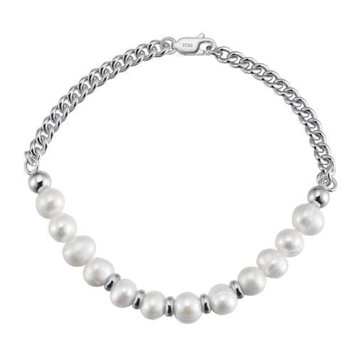 925 Sterling Silver Bangle Bracelet, with Freshwater Pearl, Unisex, more colors for choice, Length:Approx 20 cm, Sold By PC