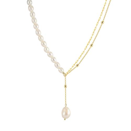 925 Sterling Silver Necklaces, with Freshwater Pearl, with 5CM extender chain, for woman, golden, Length:Approx 40 cm, Sold By PC