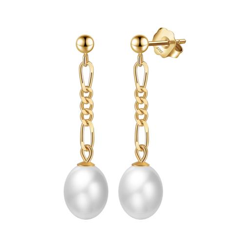 925 Sterling Silver Stud Earrings with Freshwater Pearl for woman golden 31mm Sold By Pair