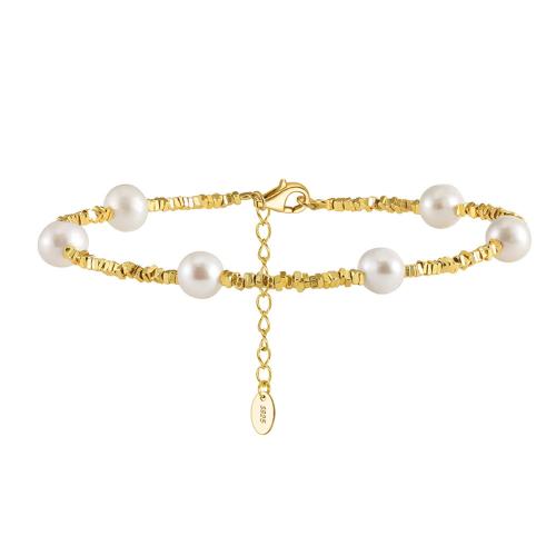 Bracelets en argent sterling, argent sterling 925, avec perle d'eau douce cultivée, avec 5CM chaînes de rallonge, pour femme, doré, Longueur:Environ 16.5 cm, Vendu par PC