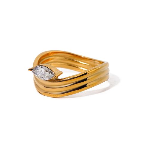 Anel de dedo de aço inoxidável de strass, Aço inoxidável 304, 18K banhado a ouro, joias de moda & unissex & com strass, dourado, tamanho:7, vendido por PC