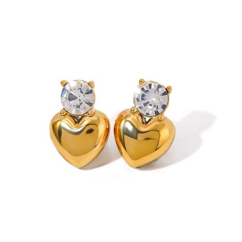 Stainless Steel Stud Earrings 304 Stainless Steel Heart 18K gold plated fashion jewelry & for woman & with rhinestone golden Sold By Pair
