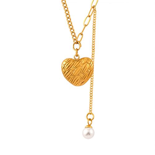 Collier d'acier titane, avec Shell Pearl, avec 5cm chaînes de rallonge, coeur, bijoux de mode & pour femme, doré, 13x13mm, Longueur:Environ 41 cm, Vendu par PC