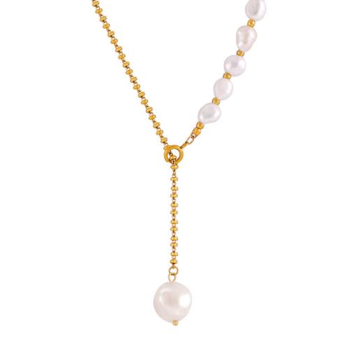 Titanstahl Halskette, mit Natürliche kultivierte Süßwasserperlen, Modeschmuck & für Frau, goldfarben, Länge:ca. 52.5 cm, verkauft von PC