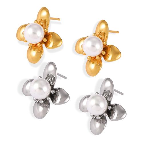 Boucle d'oreille Acier Titane, avec perle de plastique, fleur, bijoux de mode & pour femme, plus de couleurs à choisir, 20x22mm, Vendu par paire