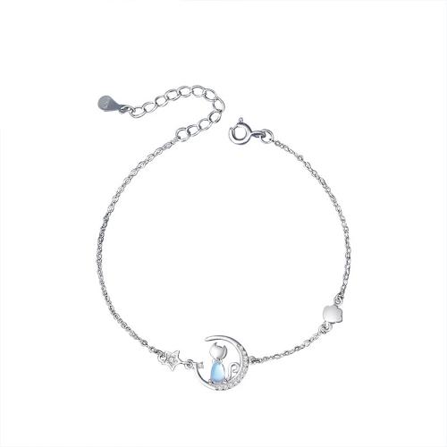 Cubic Zirconia Micro Pave Brass Bracelet, with Moonstone, with 5.5CM extender chain, plated, micro pave cubic zirconia & for woman, platinum color, Length:Approx 14.5 cm, Sold By PC