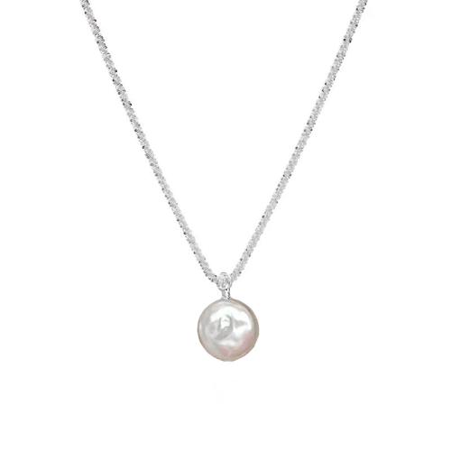 Brass Necklace, with Shell Pearl, with 5cm extender chain, plated, for woman, silver color, Length:40 cm, Sold By PC