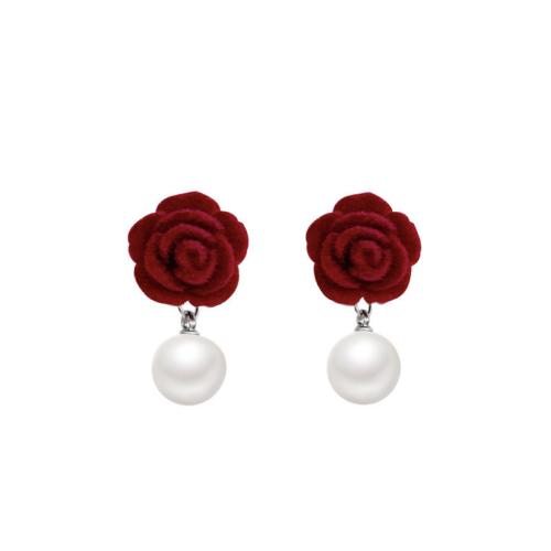 Earring Jewelry Flocking Fabric with Plastic Pearl Rose handmade fashion jewelry & for woman red Sold By Pair